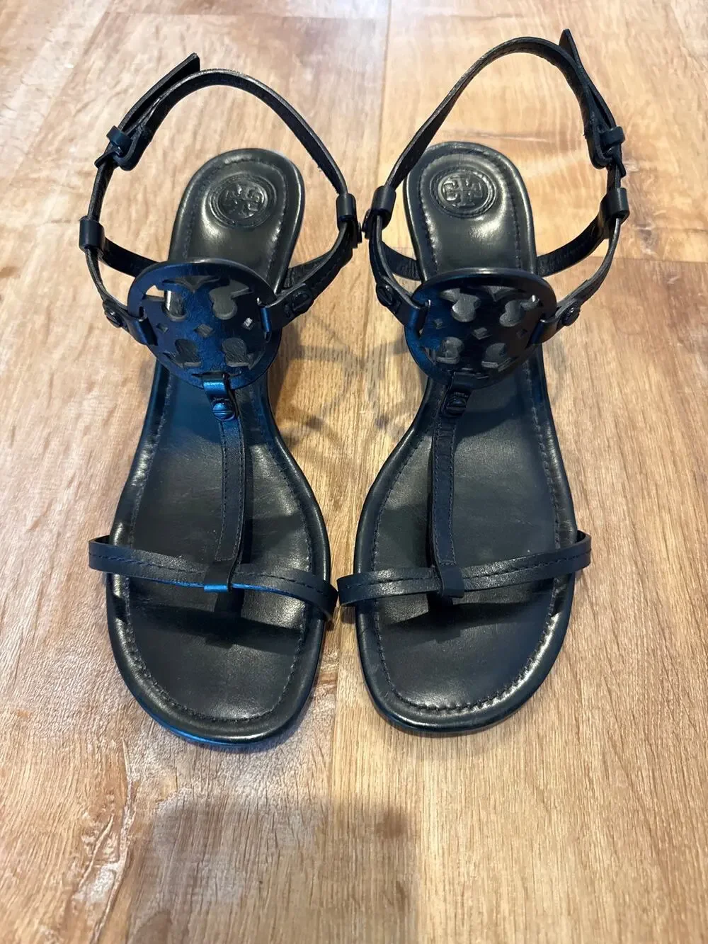 Tory Burch Miller T-Strap Wedge Sandals Black Leather Size 9